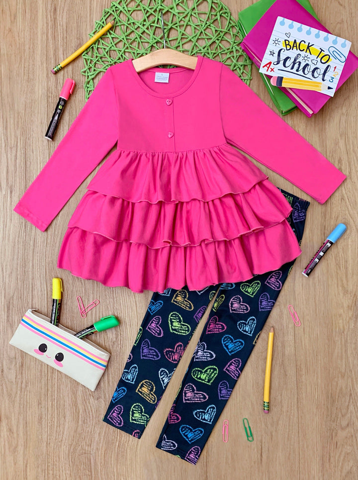 Mia Belle Girls Tiered Tunic And Heart Legging Set | Back To School