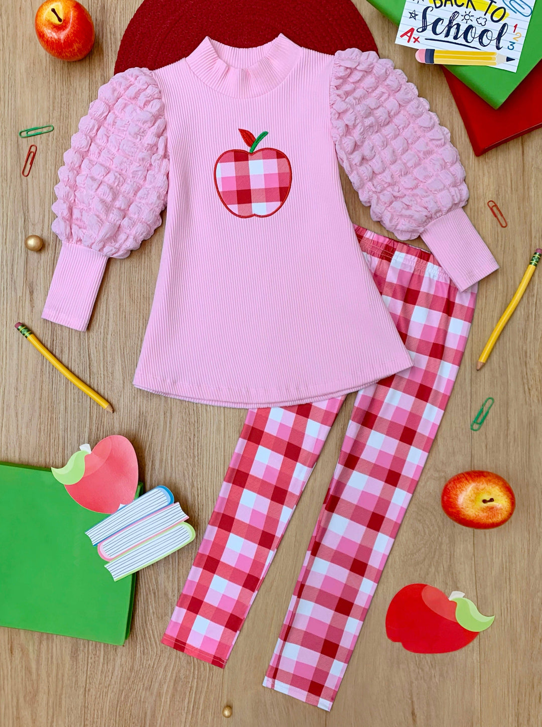 Mia Belle Girls Apple Top And Checkered Legging Set | Back To School