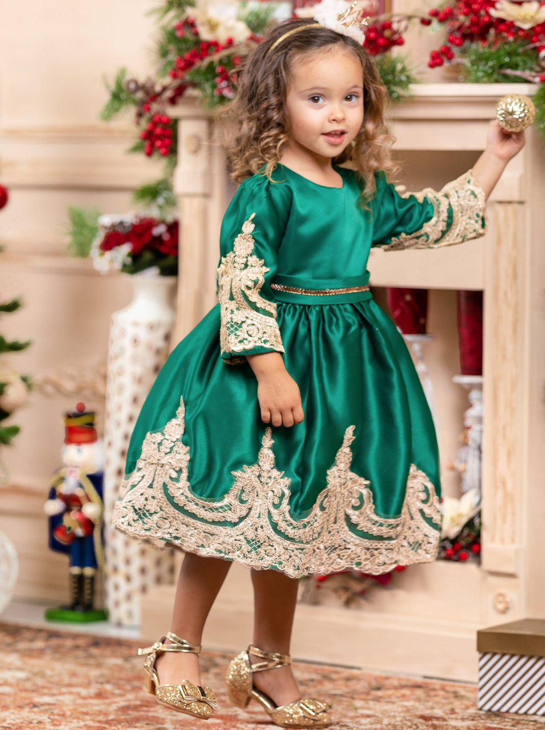 Girls Winter Formal Dress | Satin with Gold Embroidery Holiday Dress