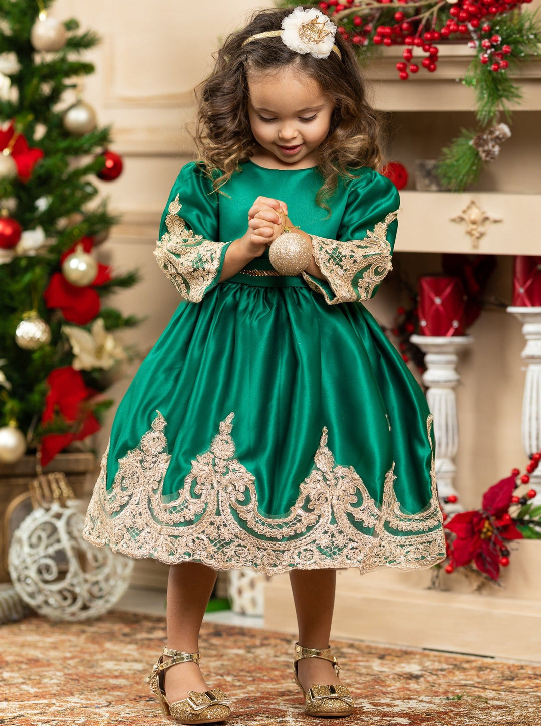 Girls Winter Formal Dress | Satin with Gold Embroidery Holiday Dress