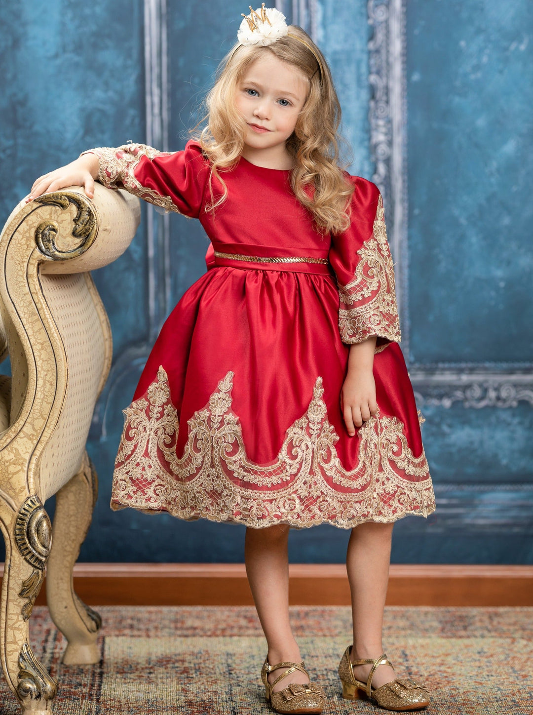 Girls Winter Formal Dress | Satin with Gold Embroidery Holiday Dress