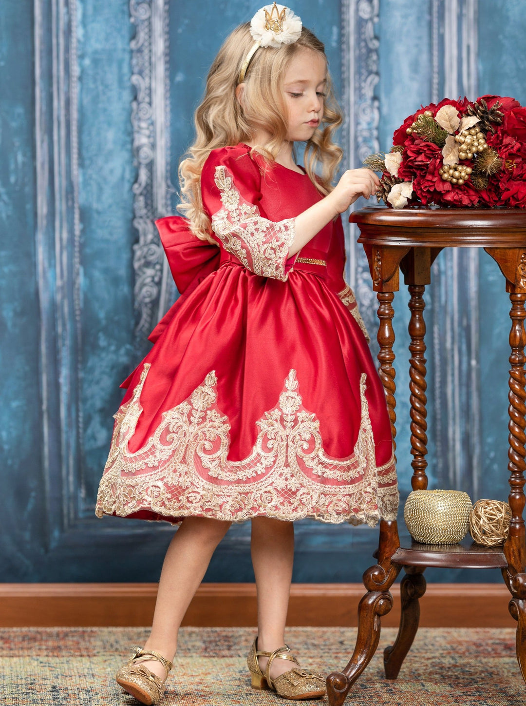 Girls Winter Formal Dress | Satin with Gold Embroidery Holiday Dress