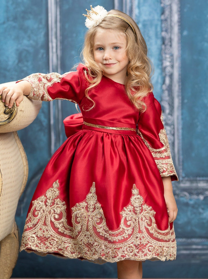 Girls Winter Formal Dress | Satin with Gold Embroidery Holiday Dress