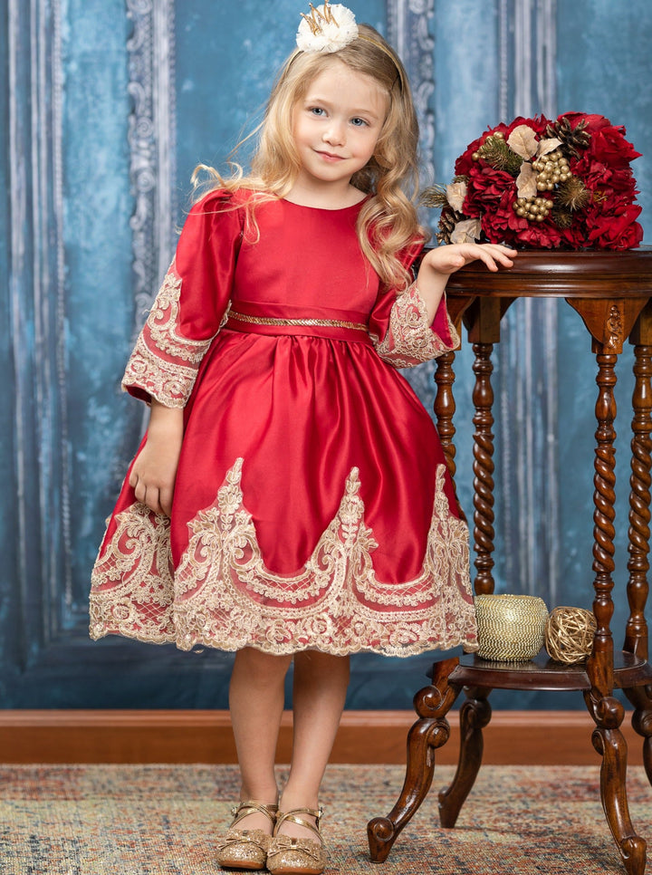 Girls Winter Formal Dress | Satin with Gold Embroidery Holiday Dress