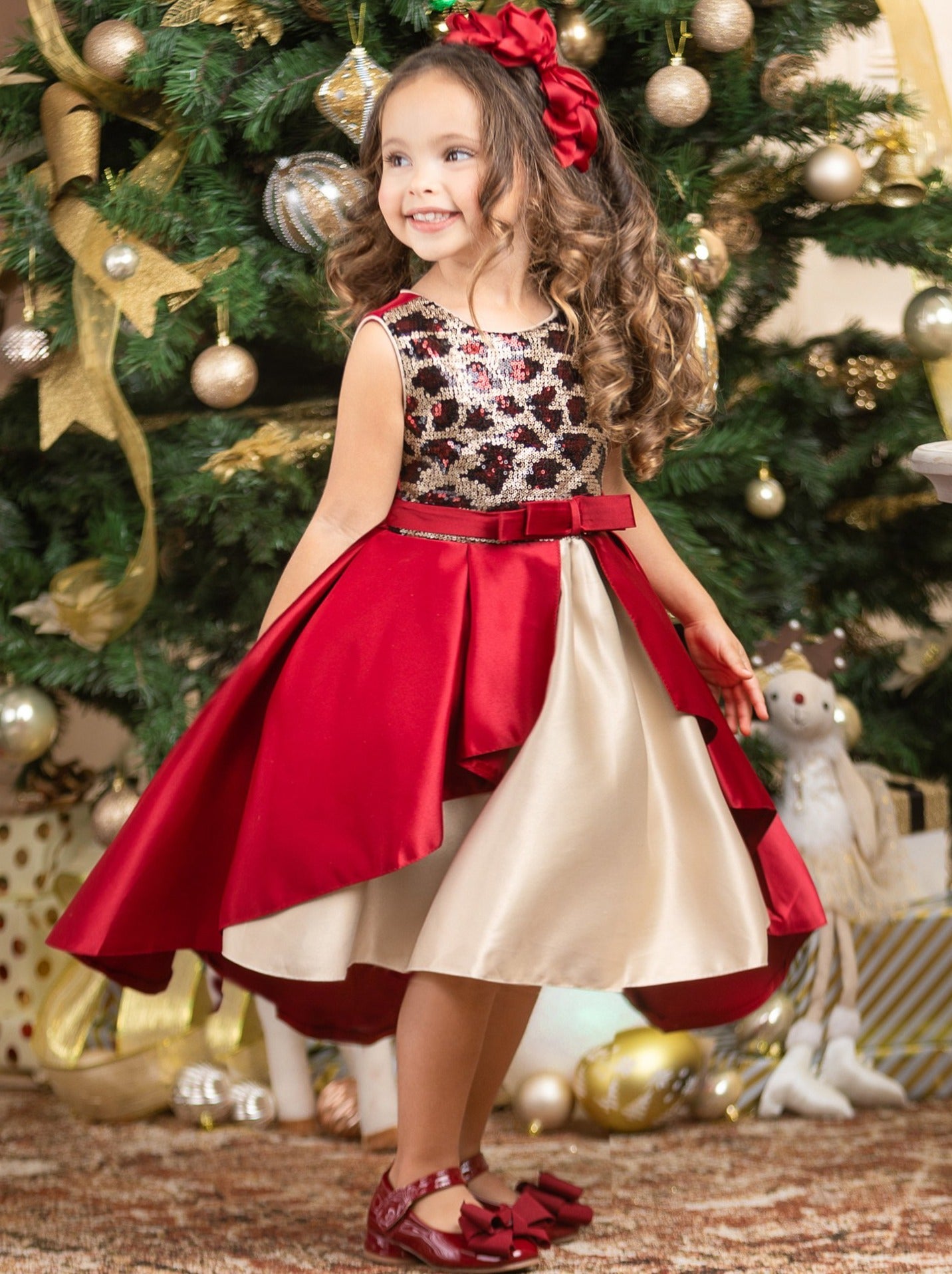 Girls Winter Formal Dress | Red And Gold Leopard Sequin Holiday Dress – Mia  Belle Girls