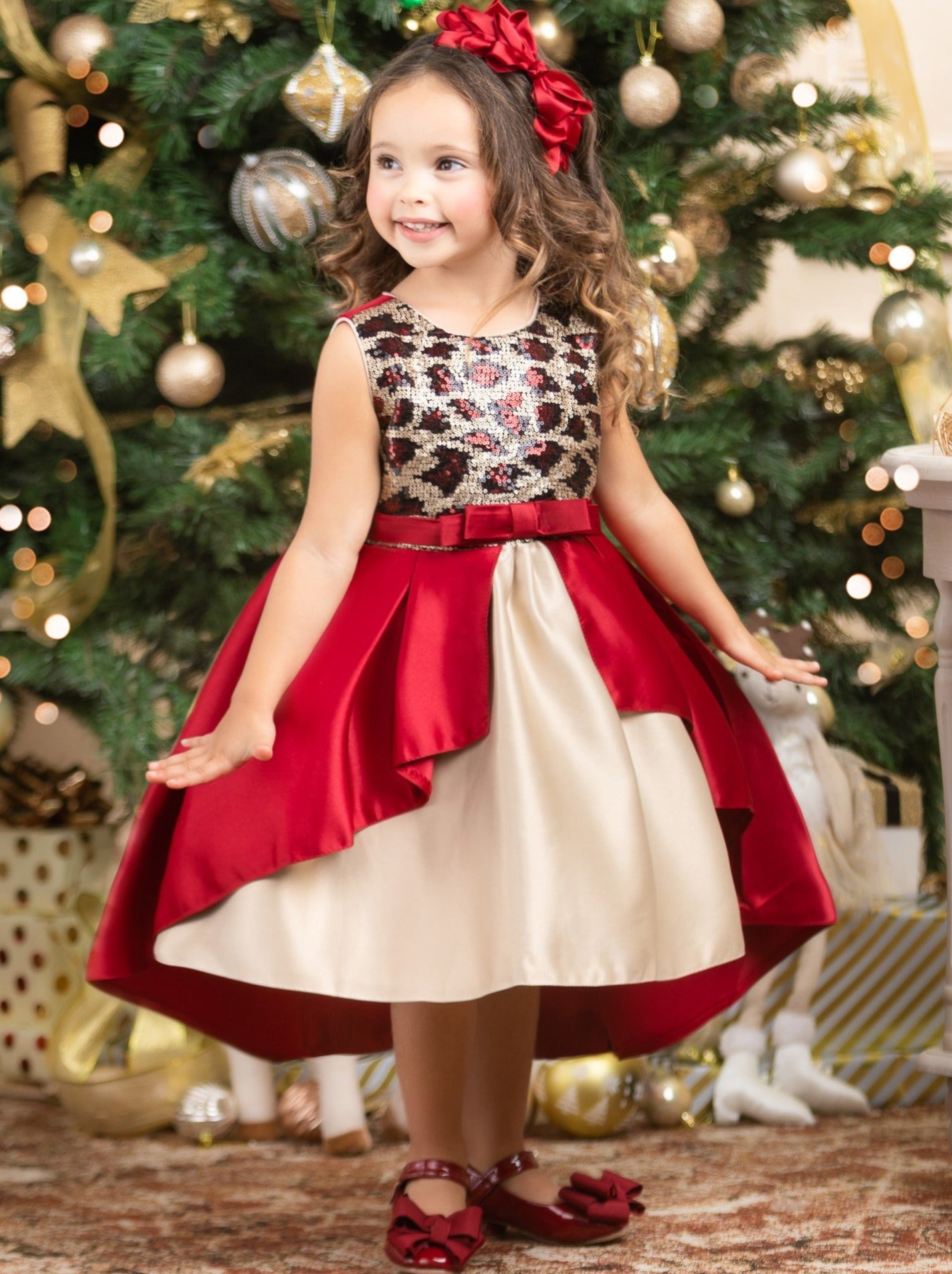 Girls Winter Formal Dress Red And Gold Leopard Sequin Holiday Dress Mia Belle Girls