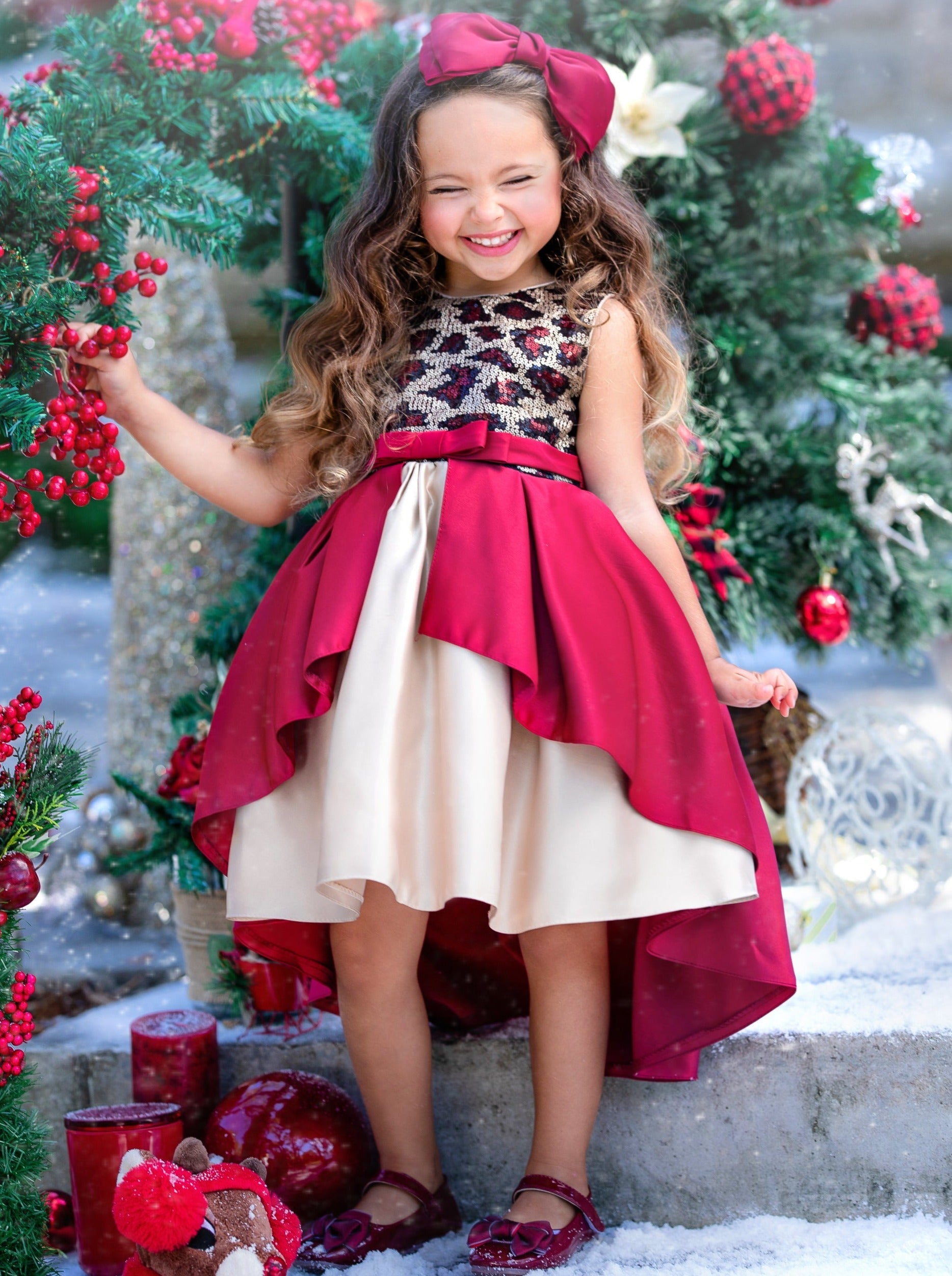 Girls Winter Formal Dress Red And Gold Leopard Sequin Holiday Dress Mia Belle Girls
