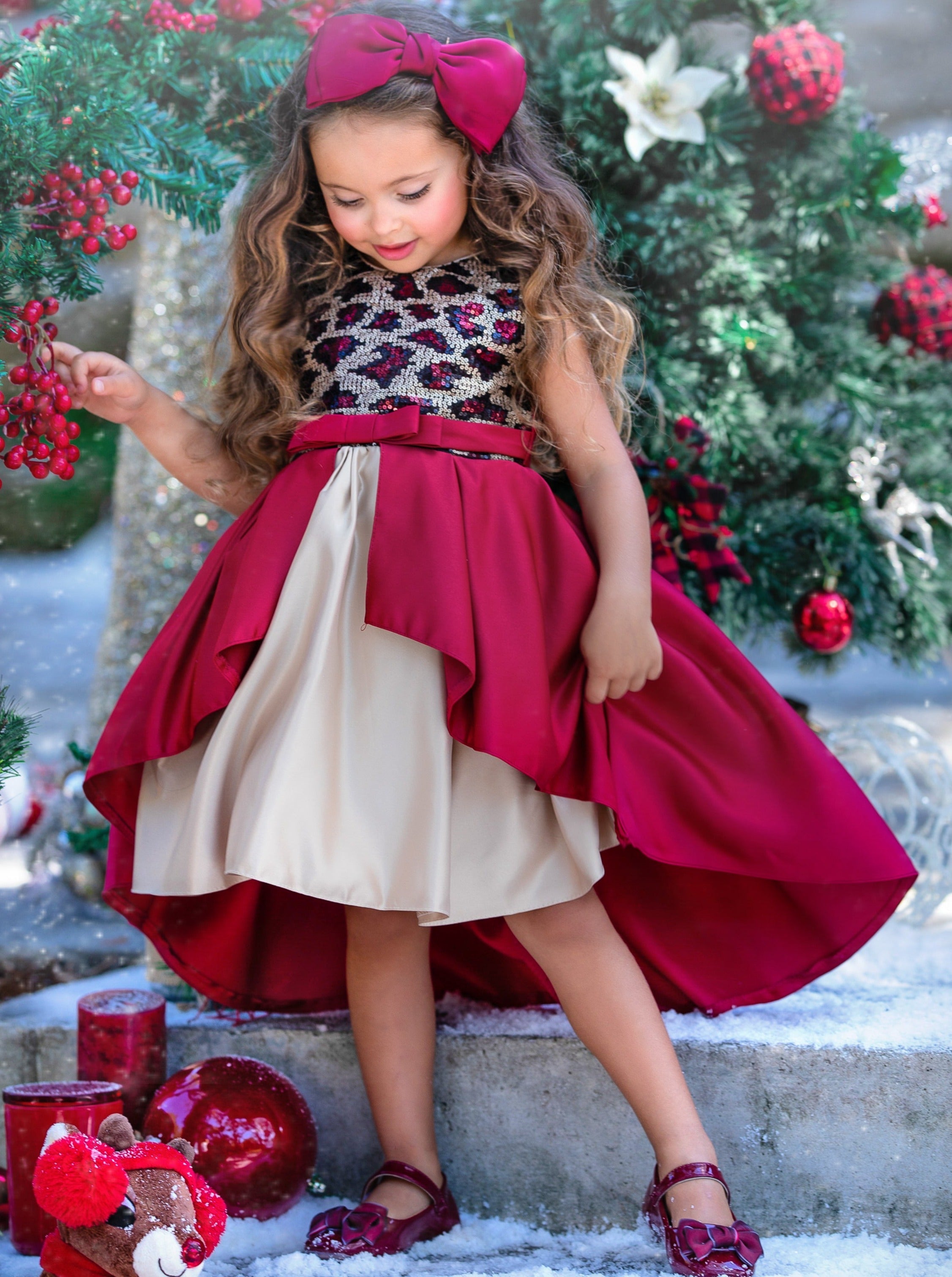 Girls Winter Formal Dress | Red And Gold Leopard Sequin Holiday Dress – Mia  Belle Girls