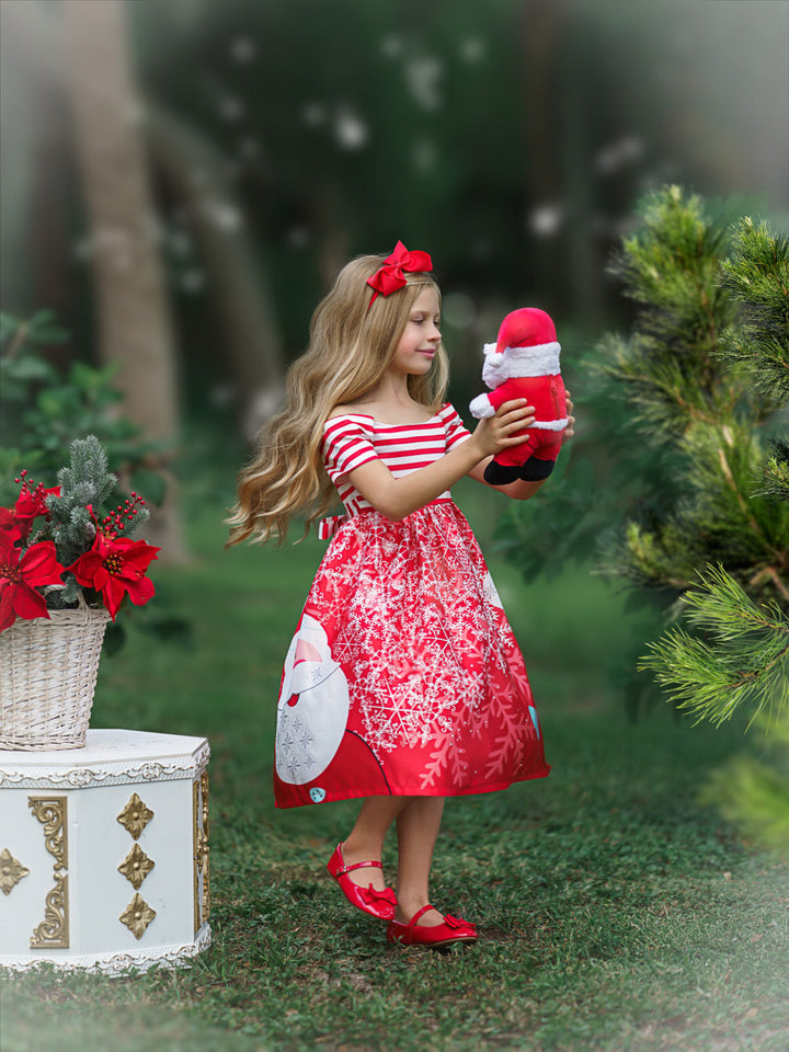 Girls Christmas Dresses | Off Shoulder Santa Scene Print Holiday Dress