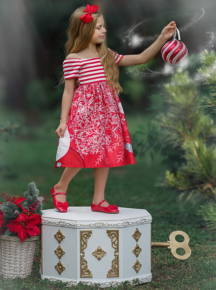 Girls Christmas Dresses | Off Shoulder Santa Scene Print Holiday Dress