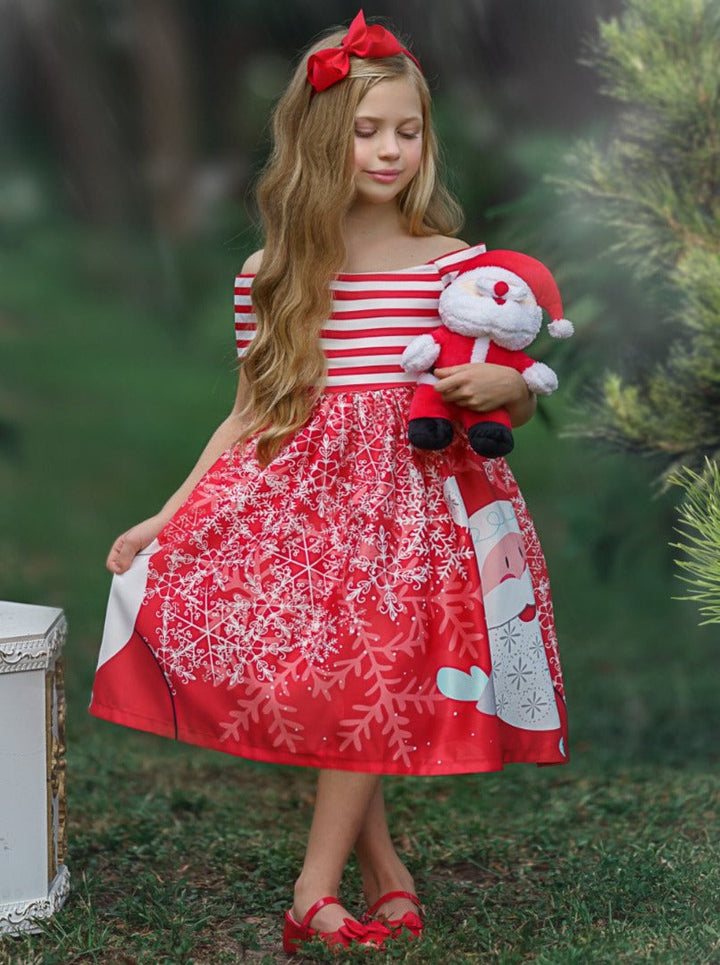 Girls Christmas Dresses | Off Shoulder Santa Scene Print Holiday Dress