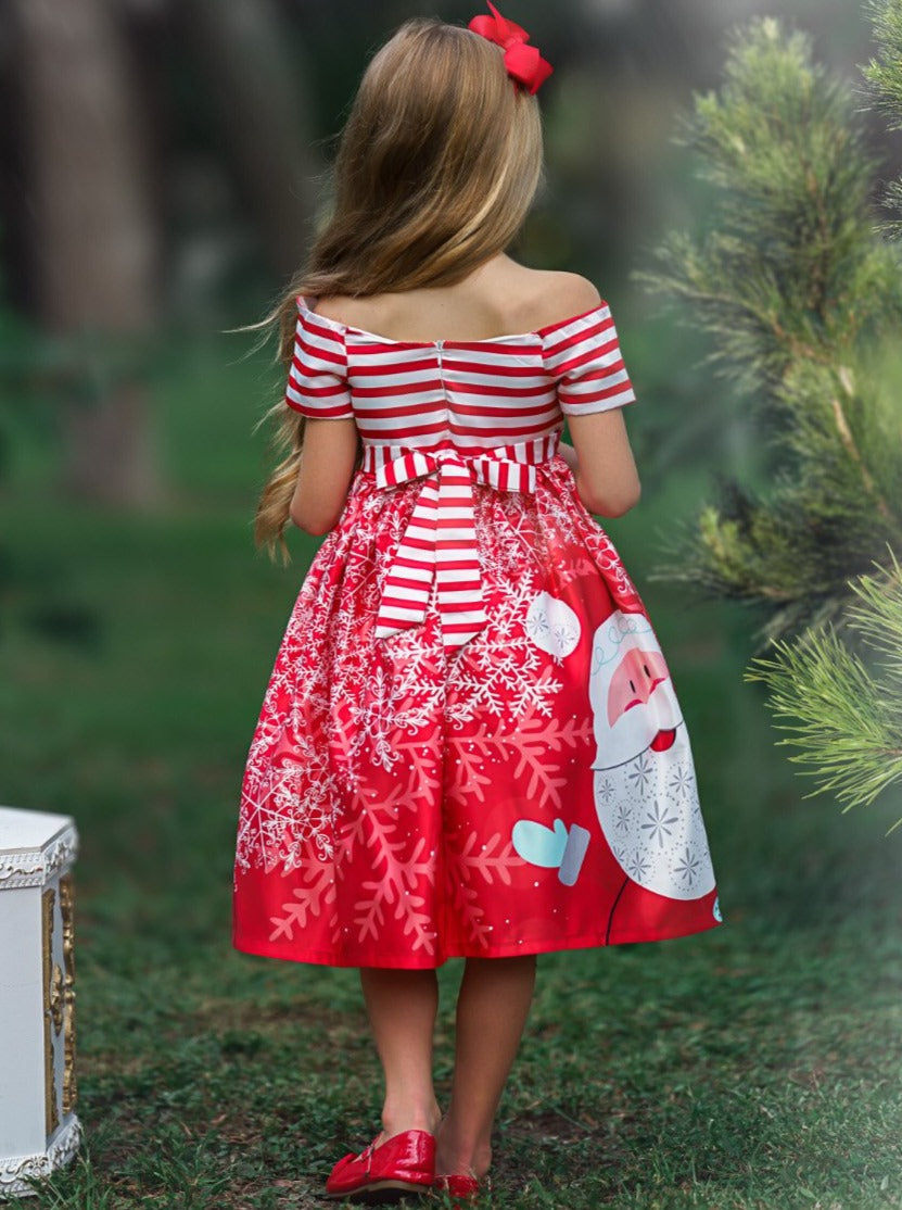 Girls Christmas Dresses | Off Shoulder Santa Scene Print Holiday Dress