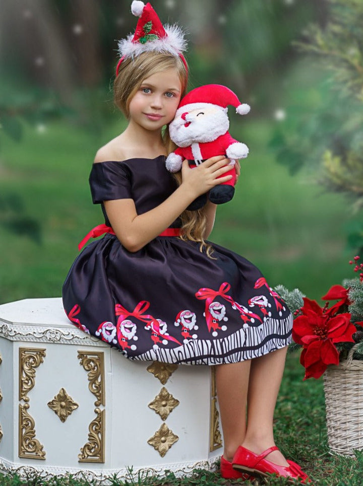 Girls Christmas Dresses | Off Shoulder Santa Scene Print Holiday Dress