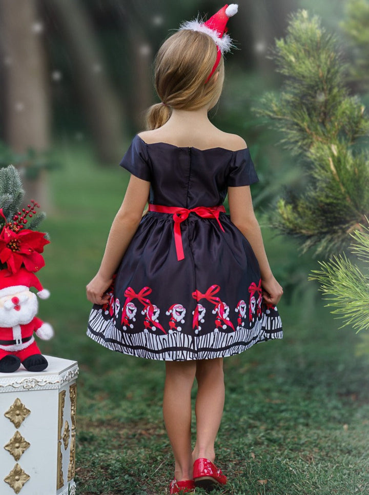 Girls Christmas Dresses | Off Shoulder Santa Scene Print Holiday Dress