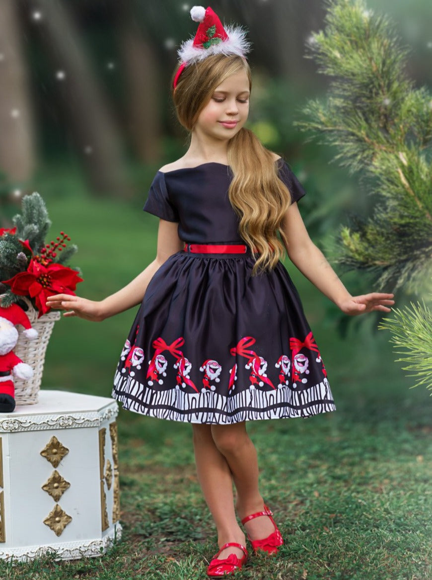 Girls Christmas Dresses | Off Shoulder Santa Scene Print Holiday Dress