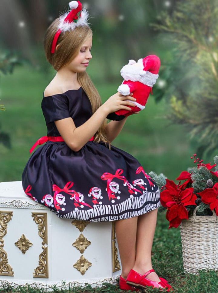 Girls Christmas Dresses | Off Shoulder Santa Scene Print Holiday Dress