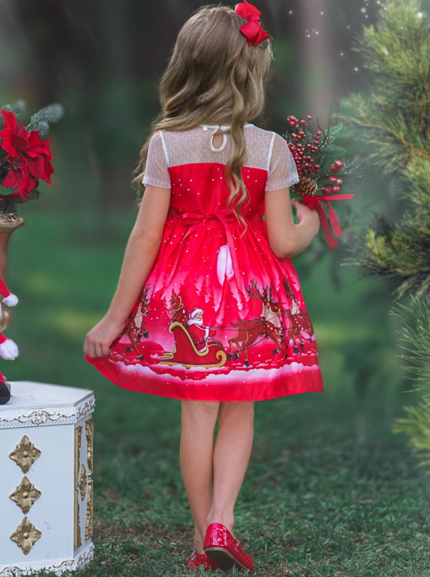 Girls Christmas Dresses | Sheer Sleeve Reindeer Holiday Scene Dress