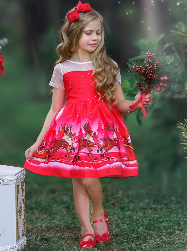 Girls Christmas Dresses | Sheer Sleeve Reindeer Holiday Scene Dress