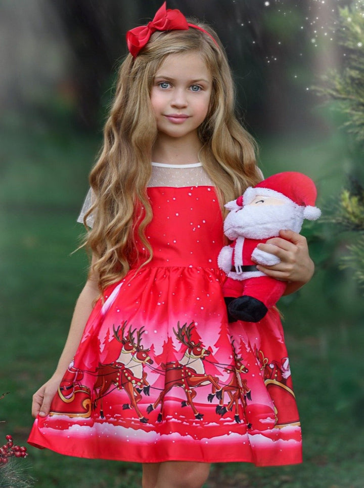 Girls Christmas Dresses | Sheer Sleeve Reindeer Holiday Scene Dress