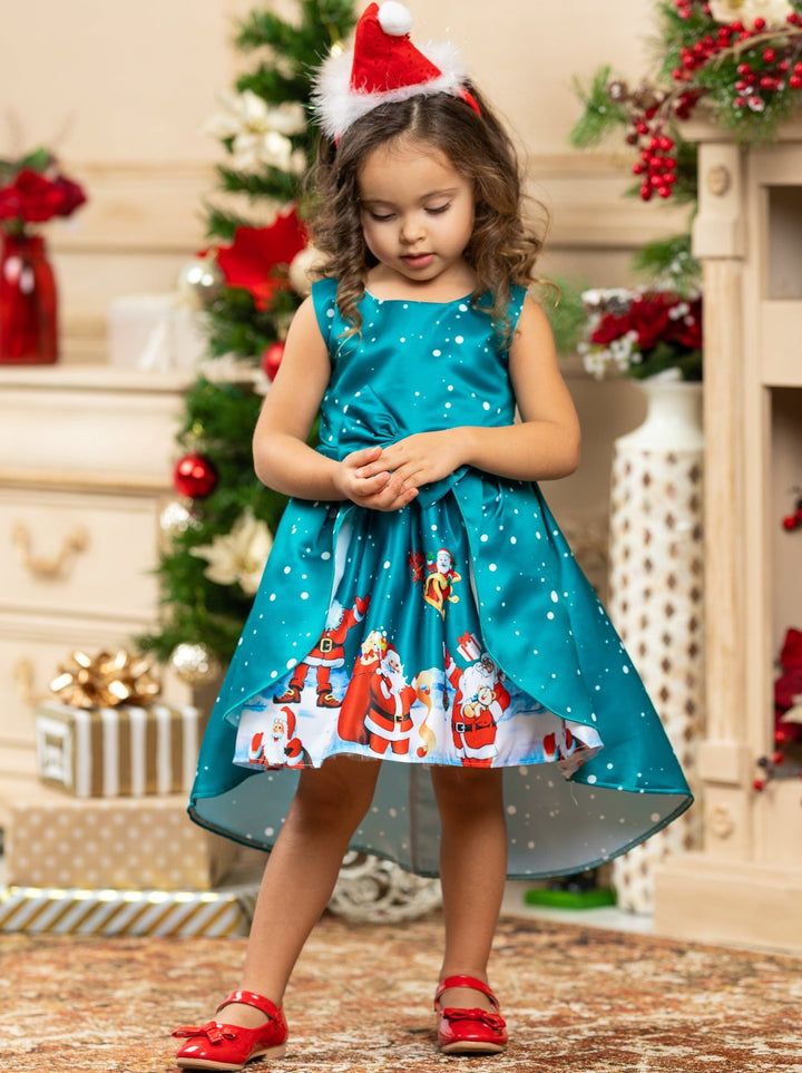 Girls Cute Christmas Dresses | Sleeveless Holiday Scene Hi-Lo Dress 