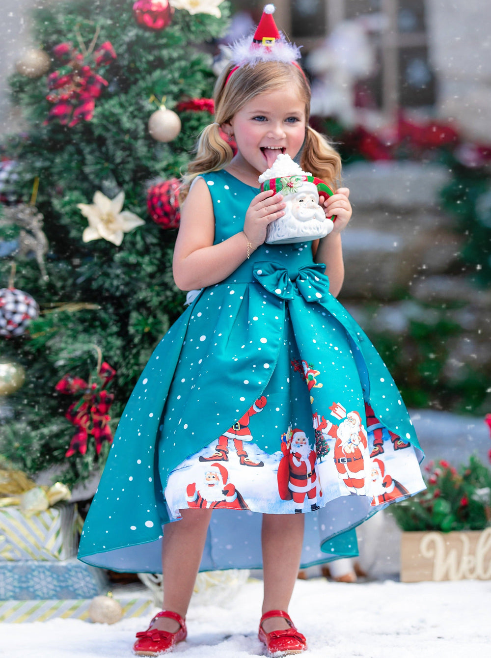 Girls Cute Christmas Dresses | Sleeveless Holiday Scene Hi-Lo Dress 