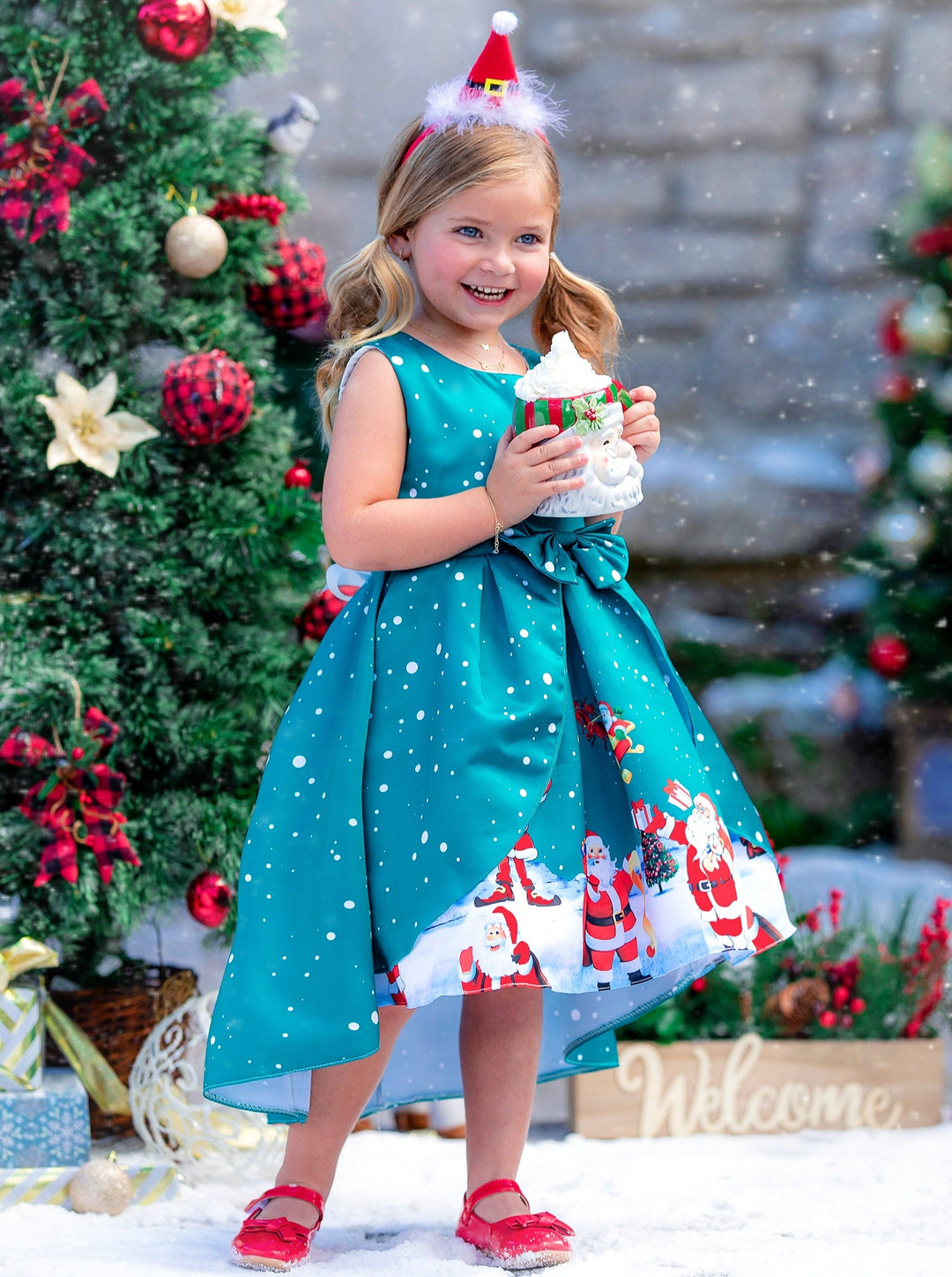 Girls Cute Christmas Dresses | Sleeveless Holiday Scene Hi-Lo Dress 