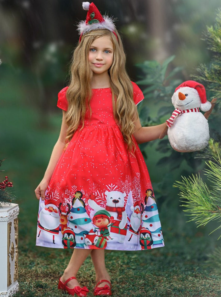 Girls Christmas Dresses | Puff Sleeve Santa Winter Scene Holiday Dress