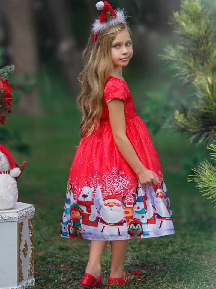 Girls Christmas Dresses | Puff Sleeve Santa Winter Scene Holiday Dress