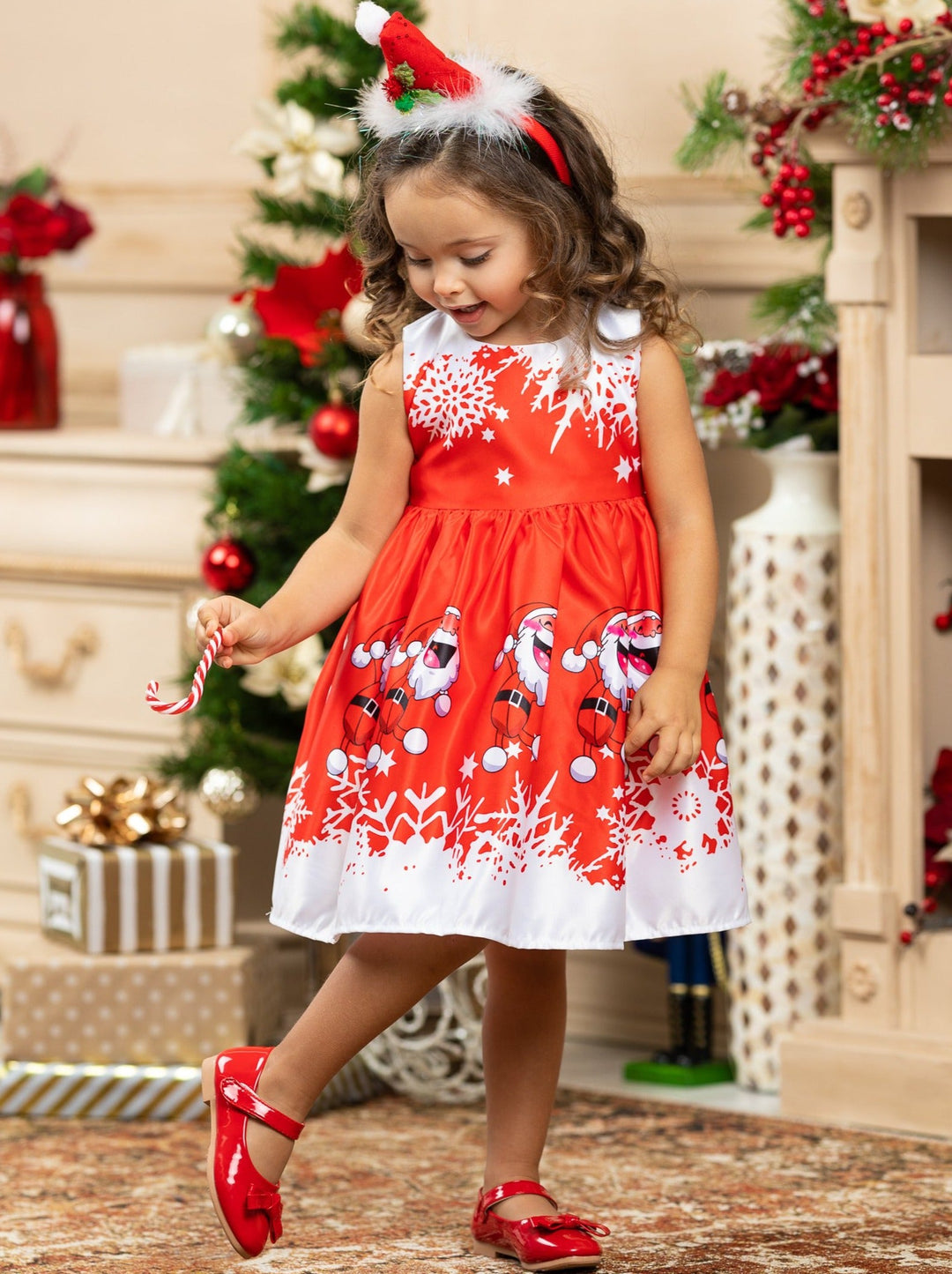 Girls Christmas Dresses | Sleeveless Santa Scene Print Holiday Dress