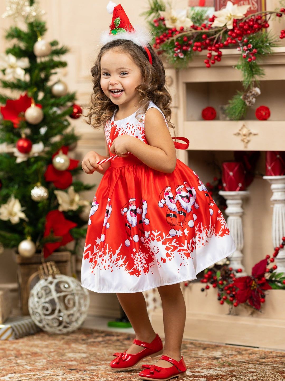 Girls Christmas Dresses | Sleeveless Santa Scene Print Holiday Dress