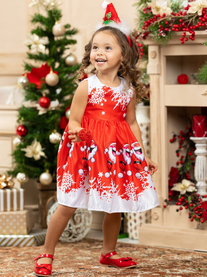 Girls Christmas Dresses | Sleeveless Santa Scene Print Holiday Dress