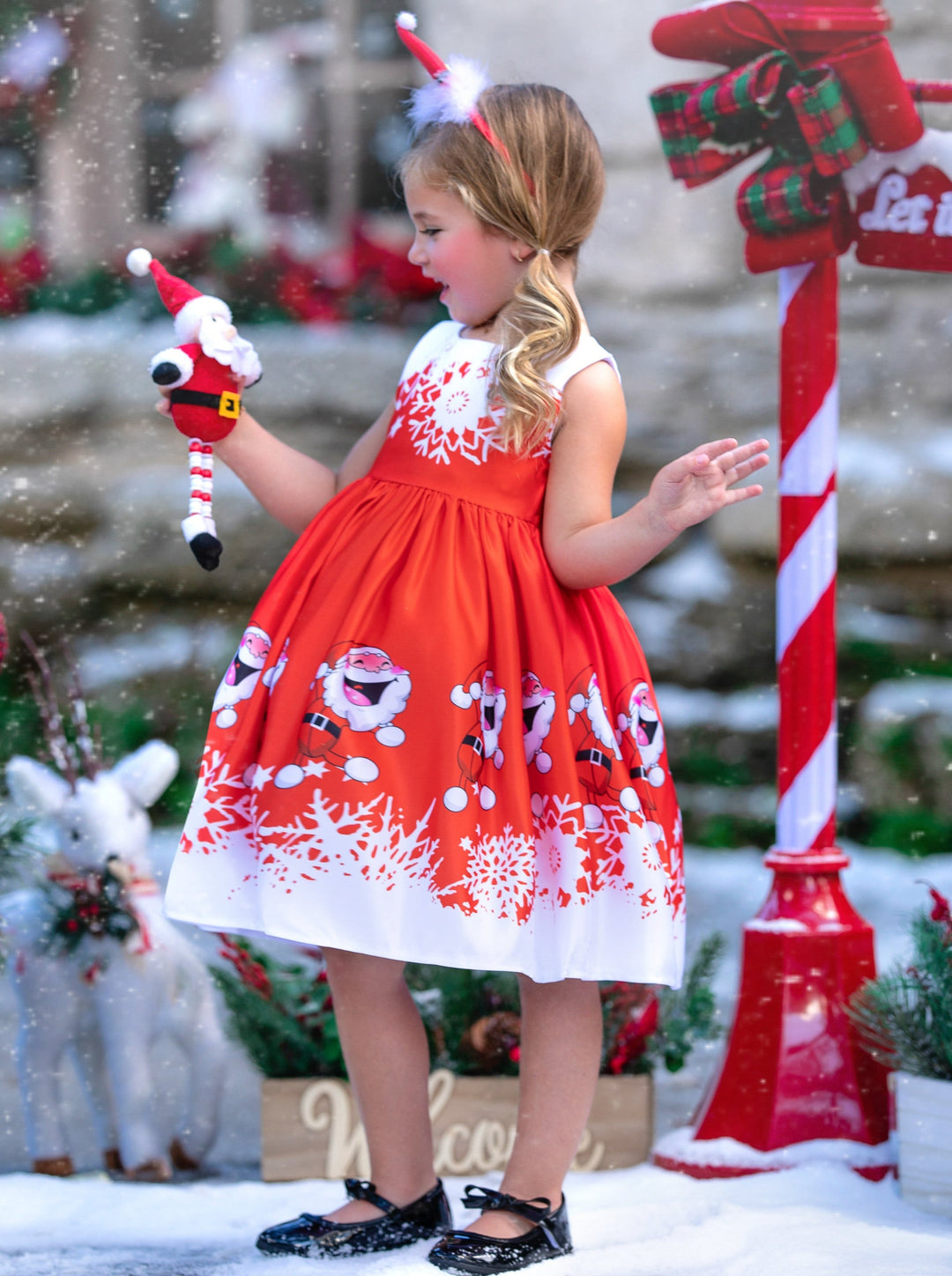 Girls Christmas Dresses | Sleeveless Santa Scene Print Holiday Dress