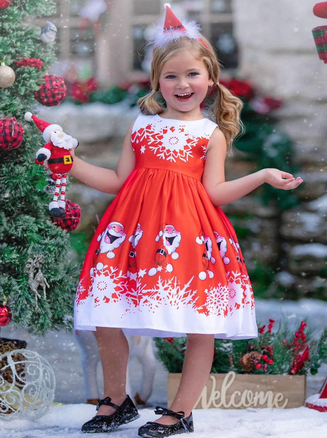 Girls Christmas Dresses | Sleeveless Santa Scene Print Holiday Dress