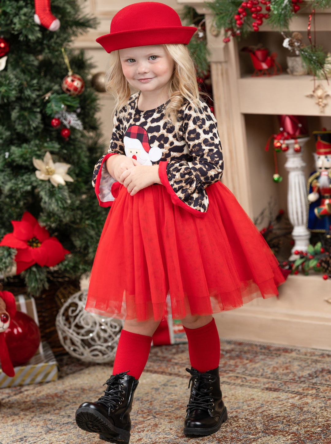 Cute Christmas Dresses | Santa Animal Print Flounce Sleeve Tutu Dress