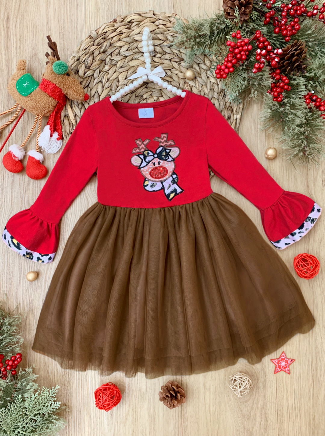 Cute Christmas Dresses | Girls Flounce Sleeve Reindeer Tutu Dress