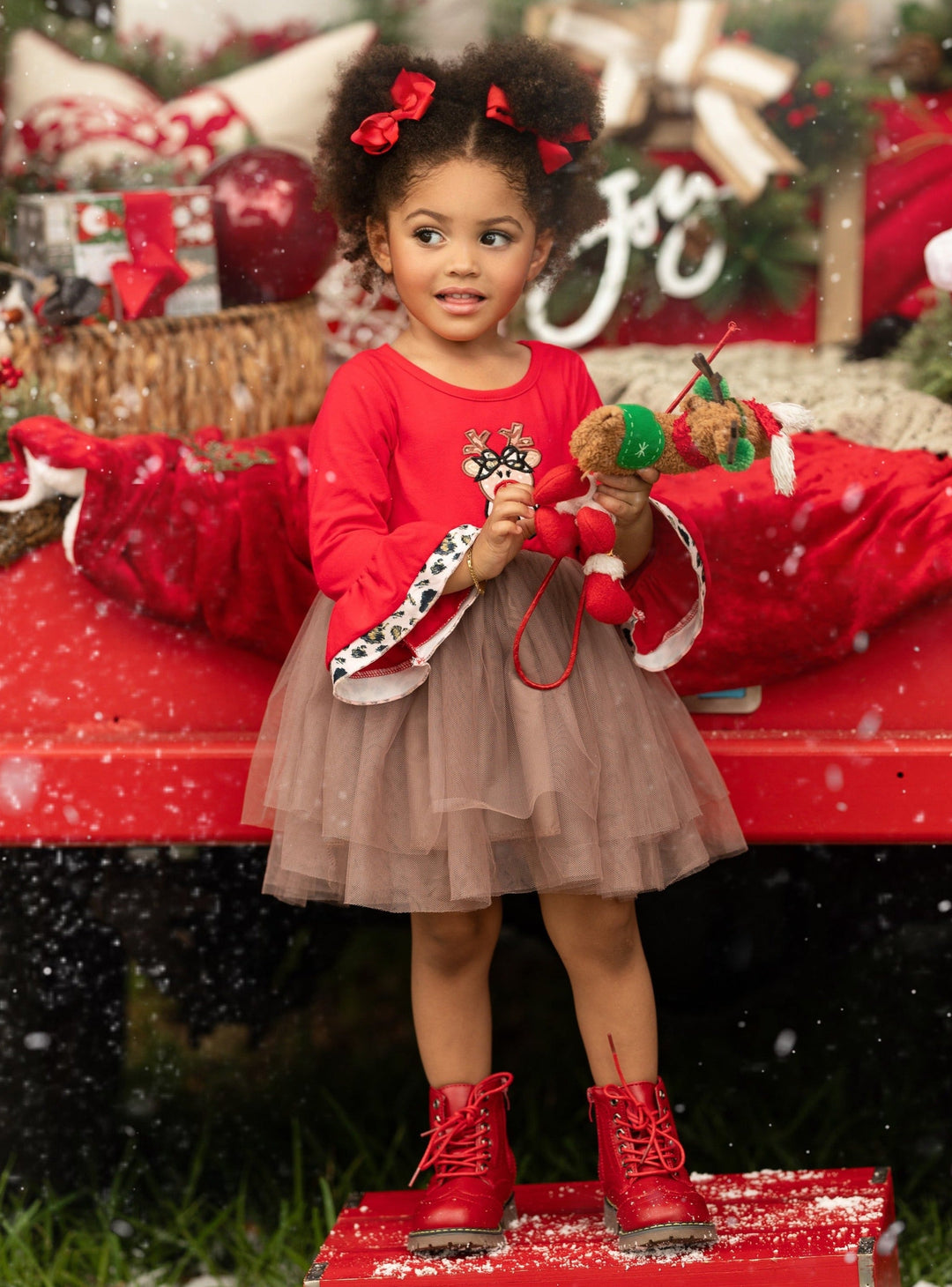 Cute Christmas Dresses | Girls Flounce Sleeve Reindeer Tutu Dress