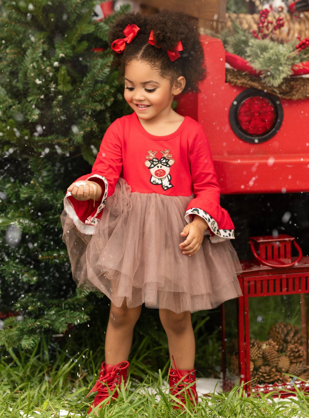 Cute Christmas Dresses | Girls Flounce Sleeve Reindeer Tutu Dress