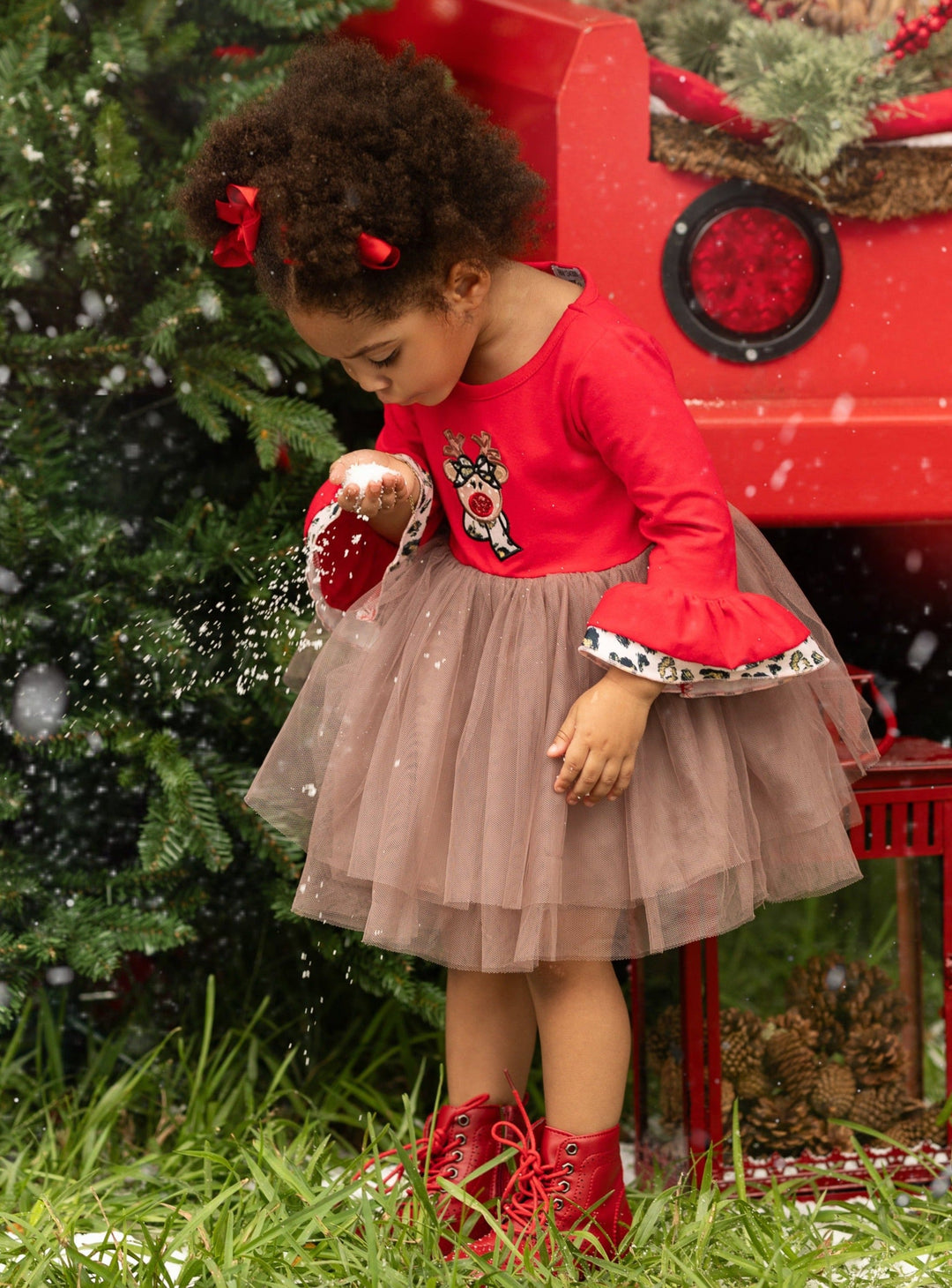 Cute Christmas Dresses | Girls Flounce Sleeve Reindeer Tutu Dress