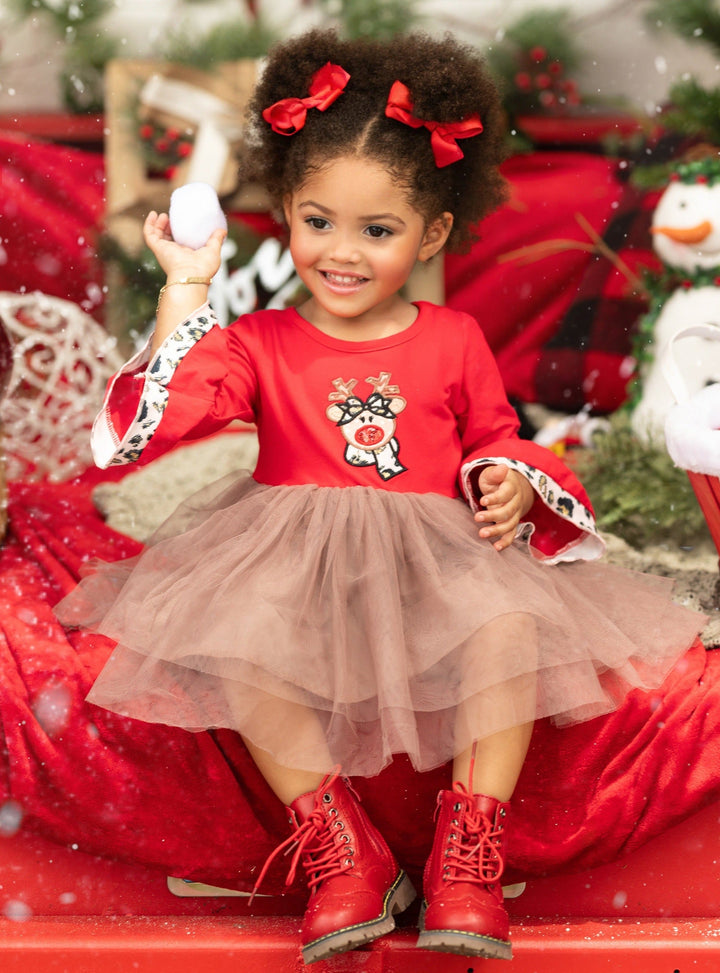 Cute Christmas Dresses | Girls Flounce Sleeve Reindeer Tutu Dress