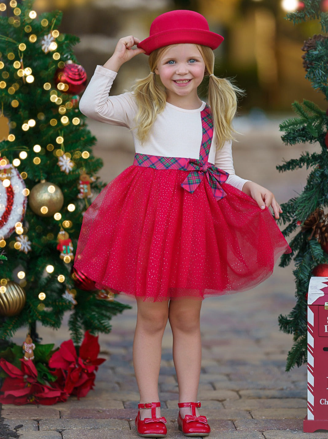 Mia Belle Girls Plaid Bow Christmas Dress | Girls Holiday Dresses