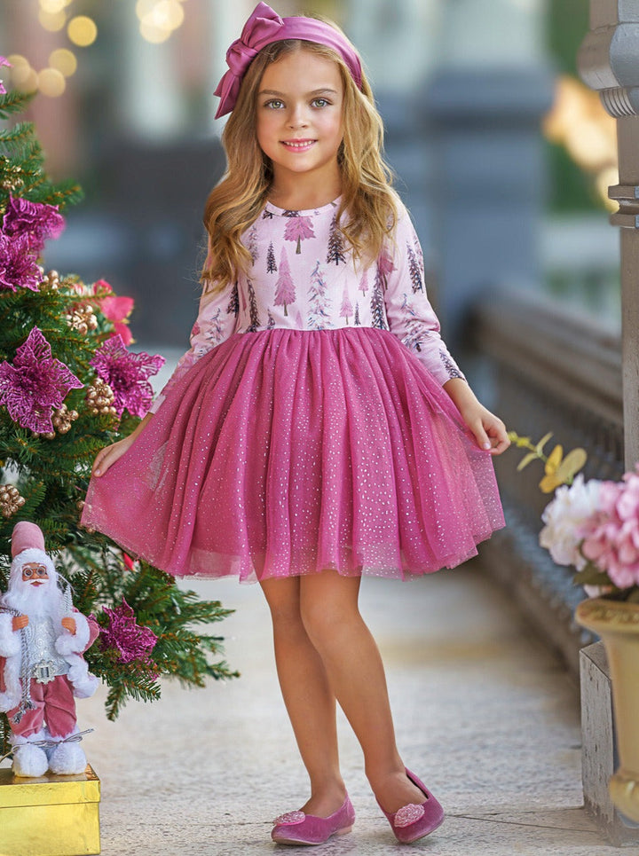 Mia Belle Girls Tree Print Tulle Tutu Dress | Girls Winter Dresses