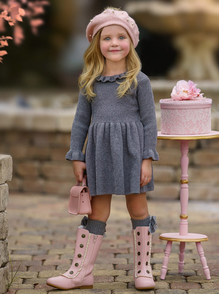 Mia Belle Girls Grey Ruffle Knit Sweater Dress | Girls Winter Dresses