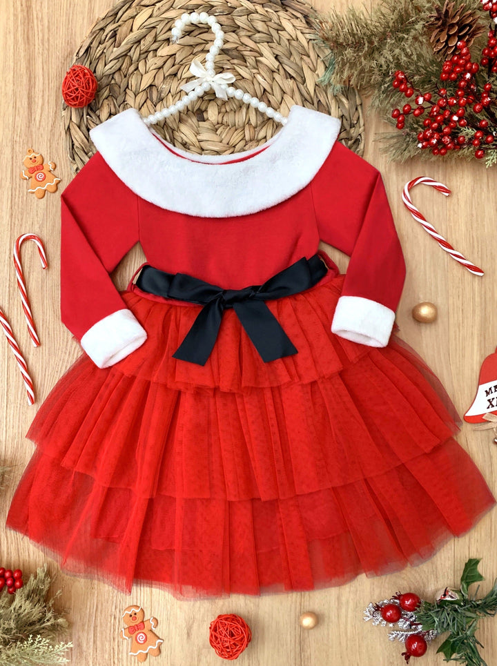 Mia Belle Girls Tiered Tulle Santa Dress | Girls Holiday Dresses