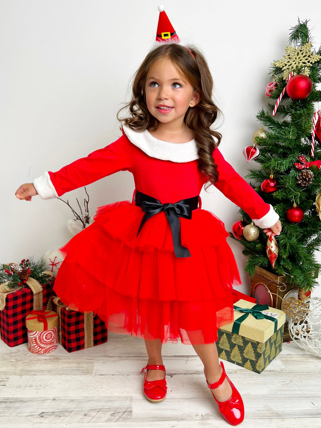 Mia Belle Girls Tiered Tulle Santa Dress | Girls Holiday Dresses