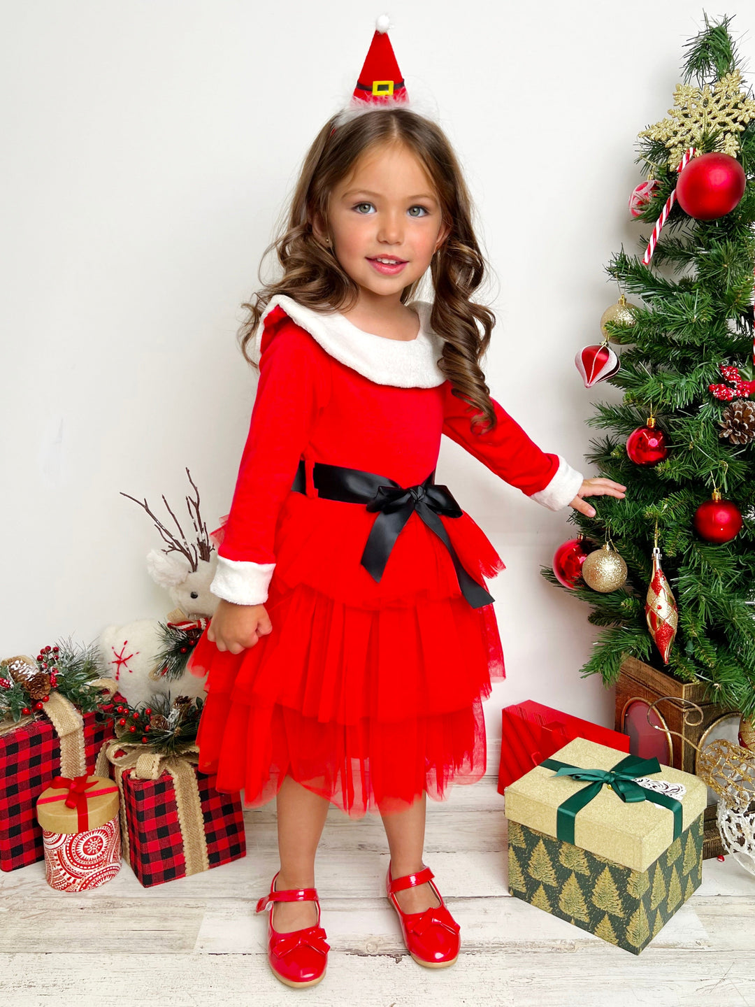 Mia Belle Girls Tiered Tulle Santa Dress | Girls Holiday Dresses