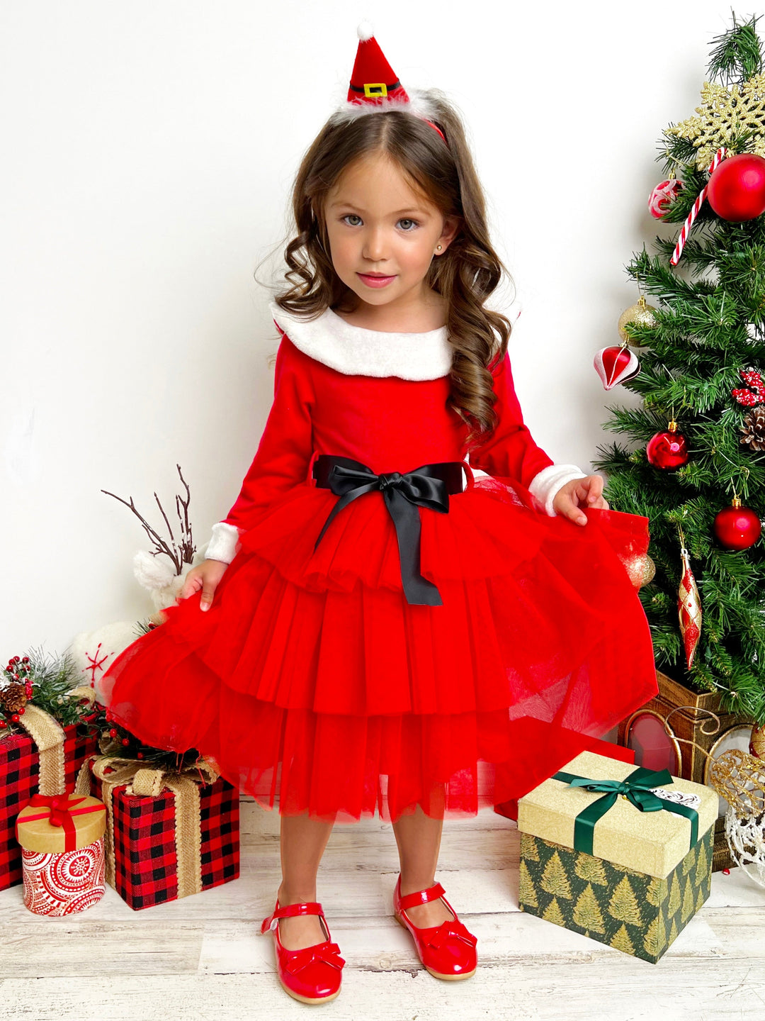 Mia Belle Girls Tiered Tulle Santa Dress | Girls Holiday Dresses