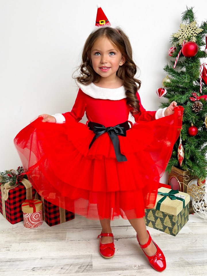 Mia Belle Girls Tiered Tulle Santa Dress | Girls Holiday Dresses