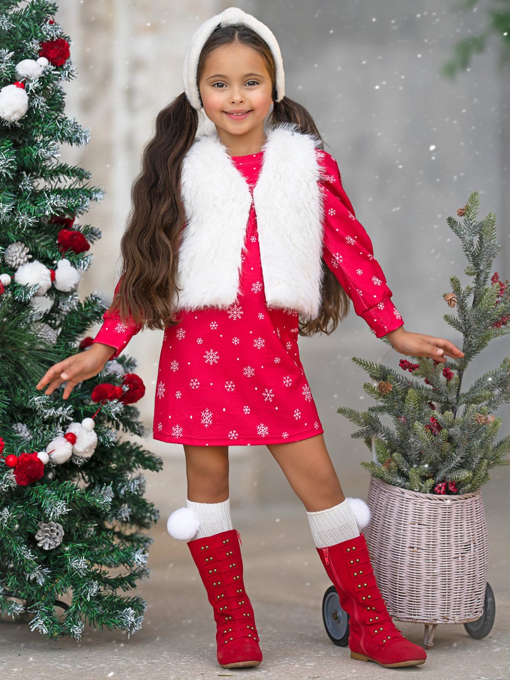 Festive Snowflake Christmas Dress and Faux Fur Vest Set