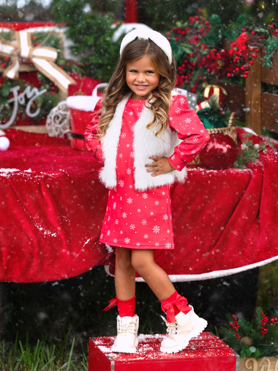 Festive Snowflake Christmas Dress and Faux Fur Vest Set