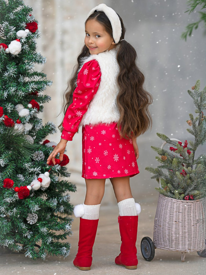 Festive Snowflake Christmas Dress and Faux Fur Vest Set